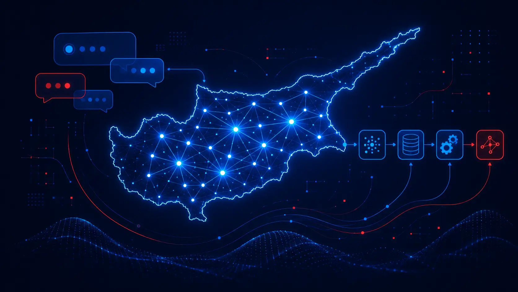 Illustration of AI neural network connections overlaid on Cyprus island map, representing AI development services and machine learning solutions available in Cyprus.