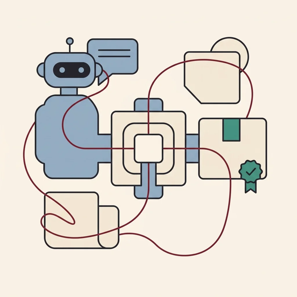 Editorial illustration showing an AI commerce agent communicating through the Universal Commerce Protocol to a verified merchant store.