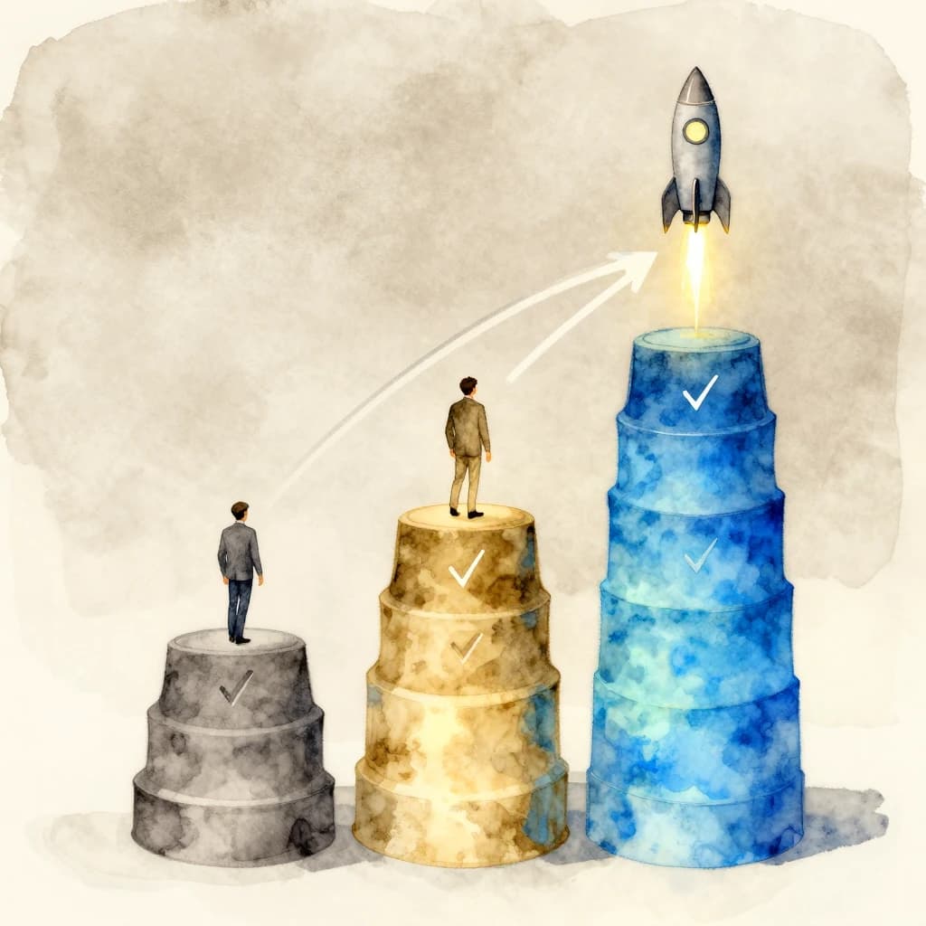 Abstract illustration of layered product cards with progress and launch symbols, representing product development from validation to delivery.