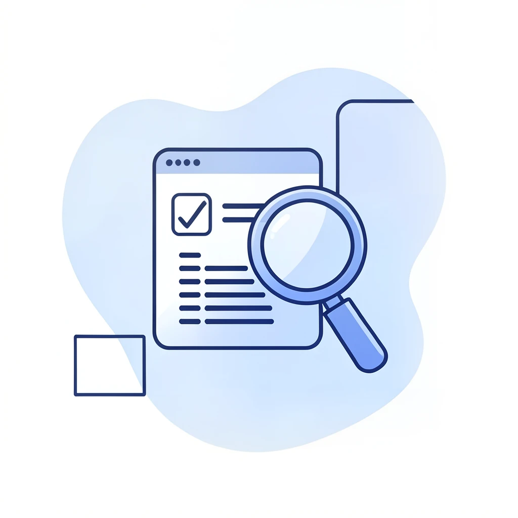 Illustration of a quality checklist, inspection symbols, and control cards representing outsourced software quality assurance.