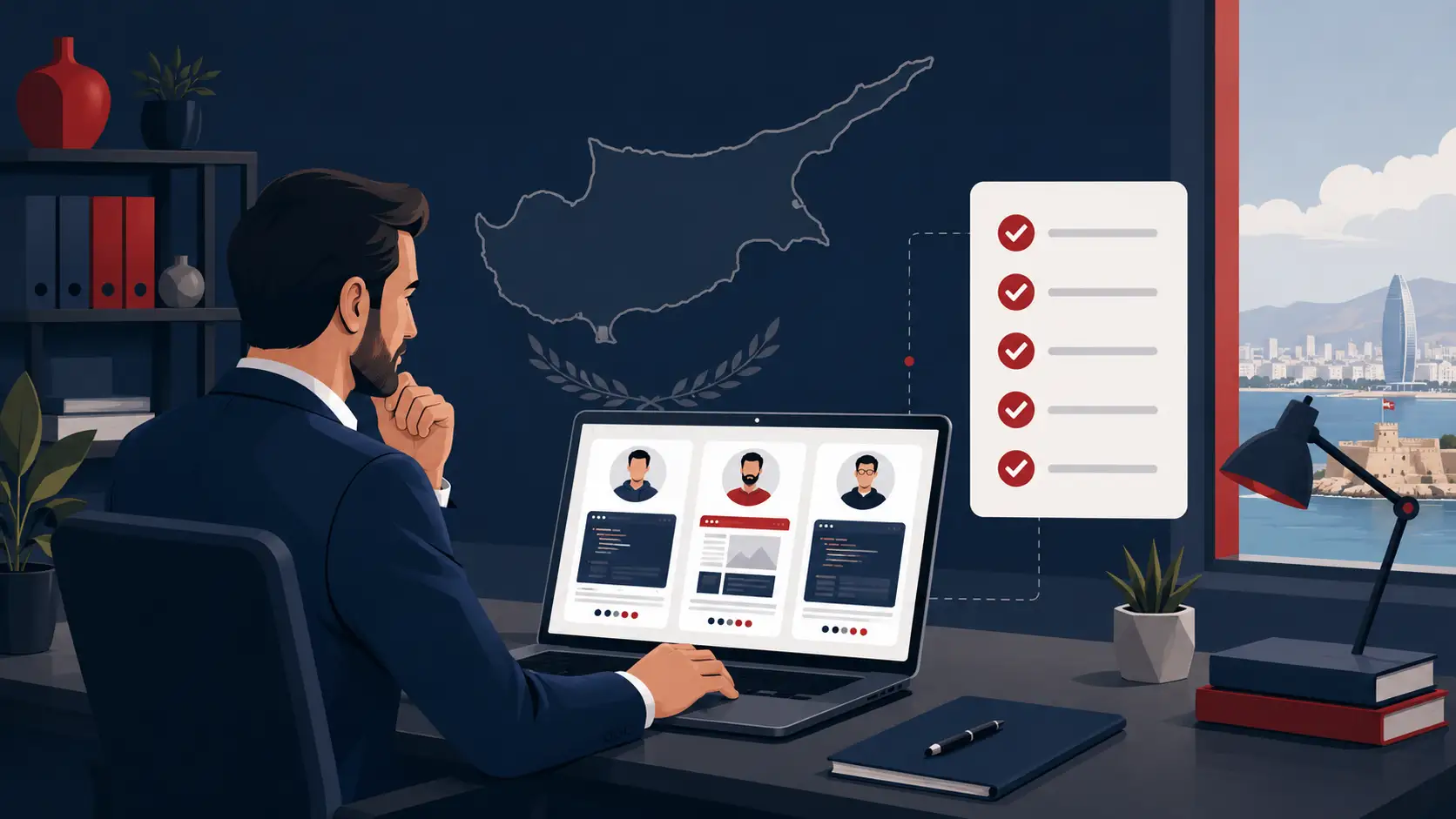 Illustration of a business owner evaluating developer candidates in Cyprus, with portfolio screens, contract documents, and a checklist visible.