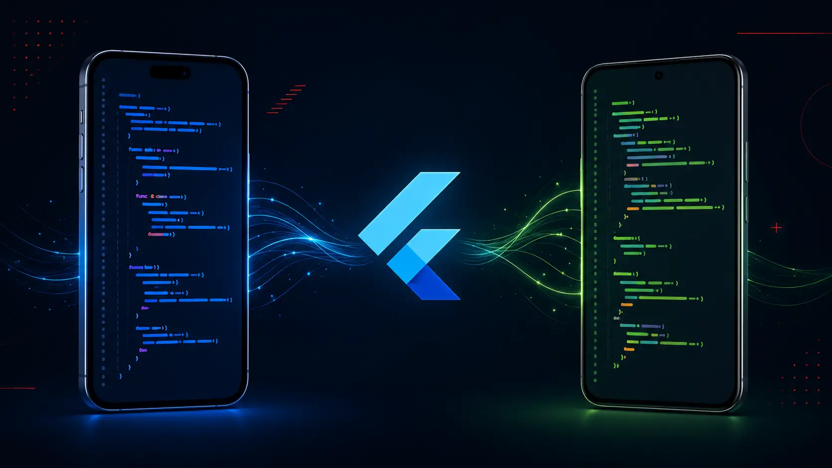 Illustration of mobile phones showing iOS and Android apps alongside Flutter and native development icons, representing cross-platform and native mobile app development in Cyprus.