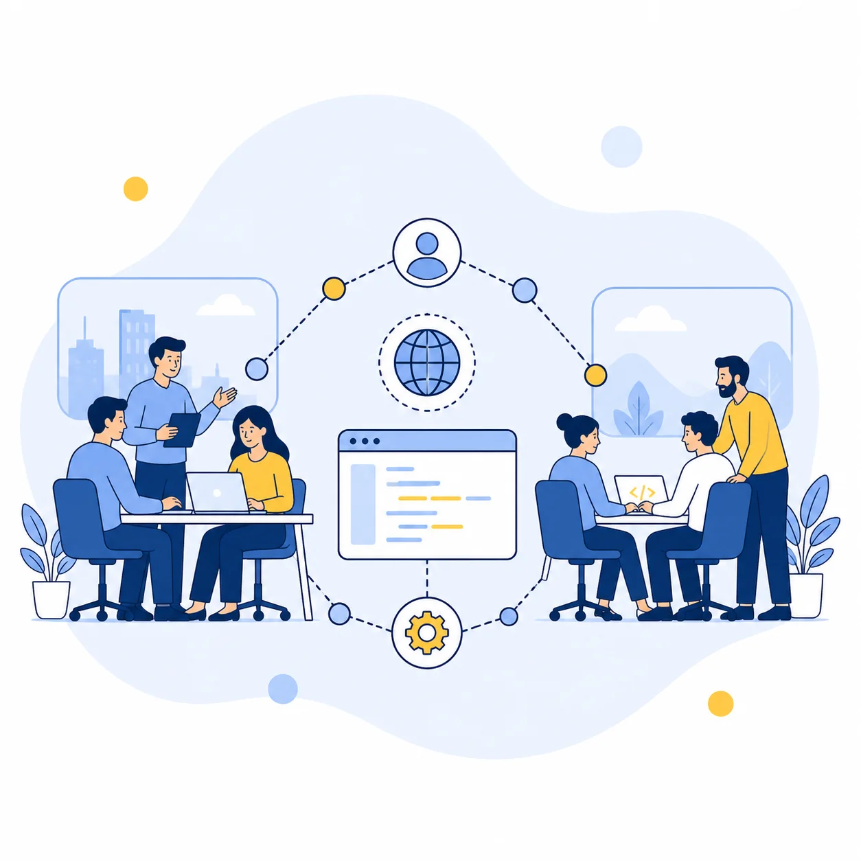 Illustration of a global network of connected nodes representing outsourced development teams and partnerships.