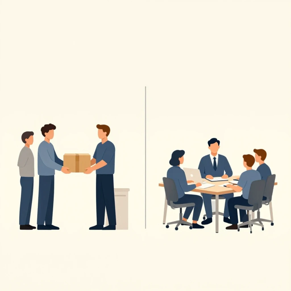 Abstract comparison graphic showing a managed network on one side and parallel team lines on the other, representing outsourcing vs outstaffing.