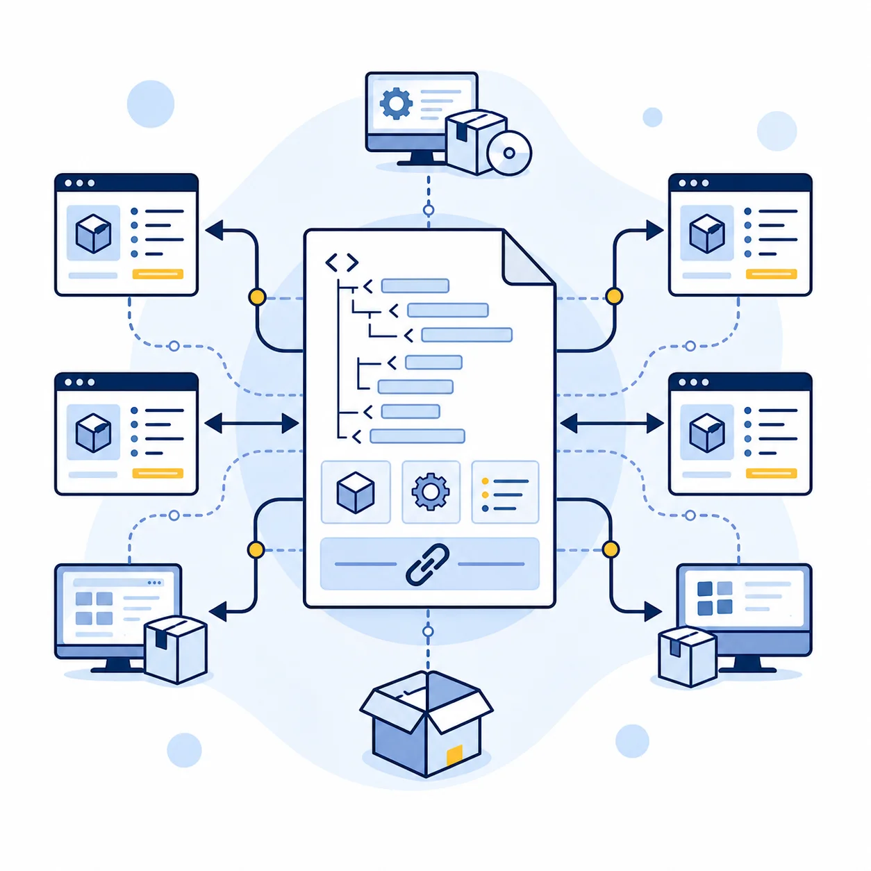 Illustration of software distribution documents, directory nodes, and submission flow representing PAD files and software listing distribution.