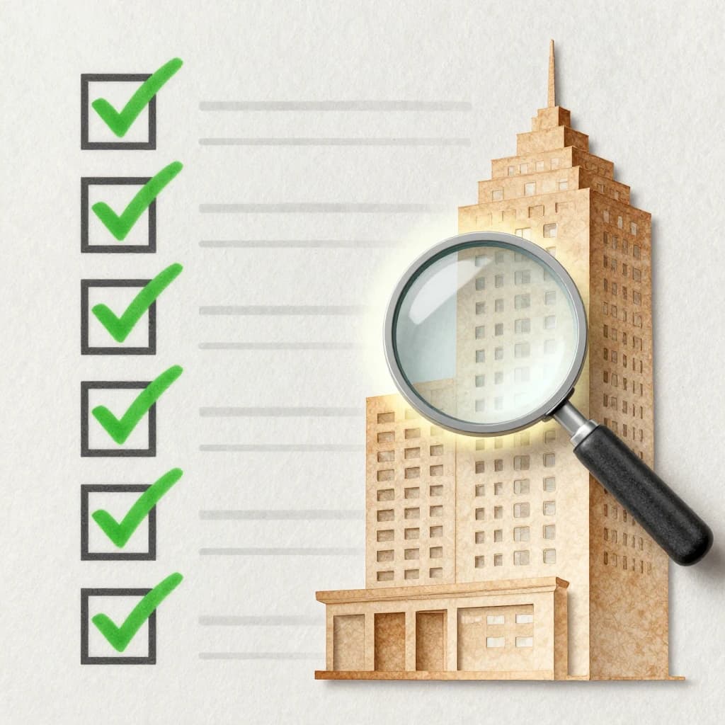 Illustration of a checklist, company structure, and evaluation symbols representing outsourcing partner selection.