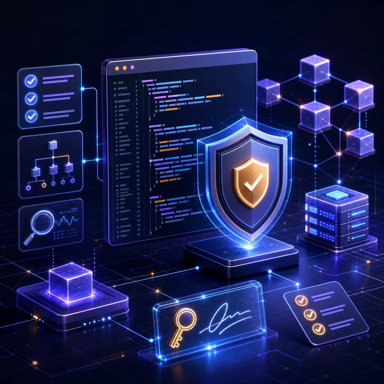 Illustration of a smart contract document, security checks, and blockchain nodes representing Solidity hiring and secure Web3 delivery.