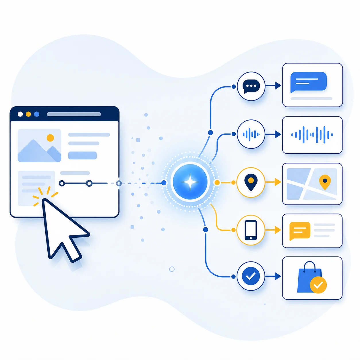 Illustration of a fading website click path being rerouted through AI to chat, voice, maps, messaging, and transactions.