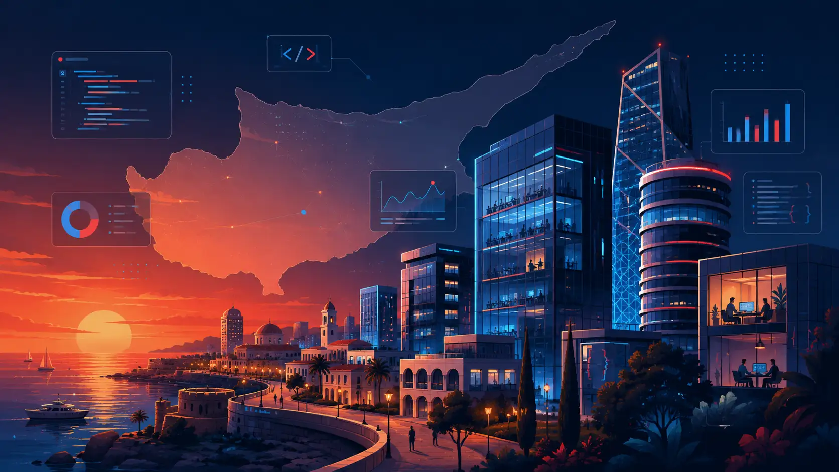 Illustration of a map of Cyprus with software development icons representing top tech companies in Nicosia, Limassol, and Paphos.