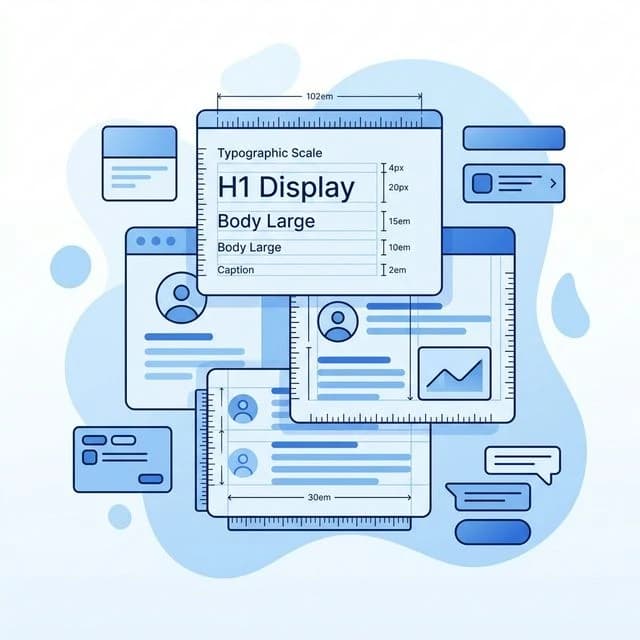 Illustration of interface layouts, text blocks, and spacing guides representing UI typography and visual hierarchy.