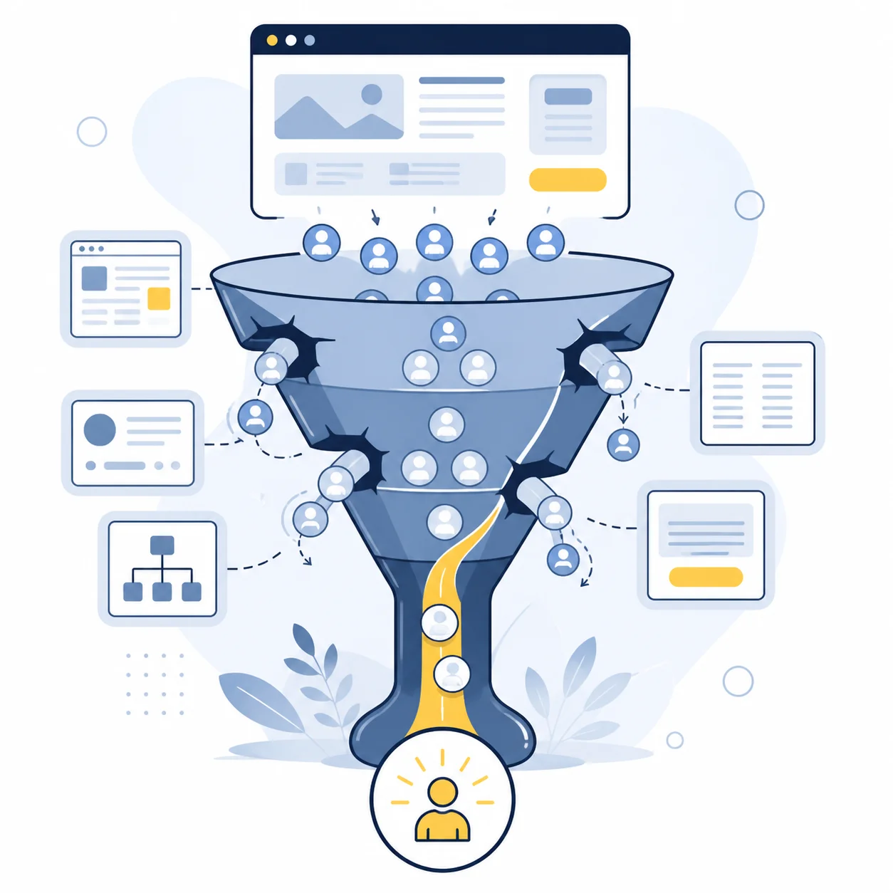 Illustration of potential clients leaking from a broken website conversion funnel while a clear path reaches an enquiry.