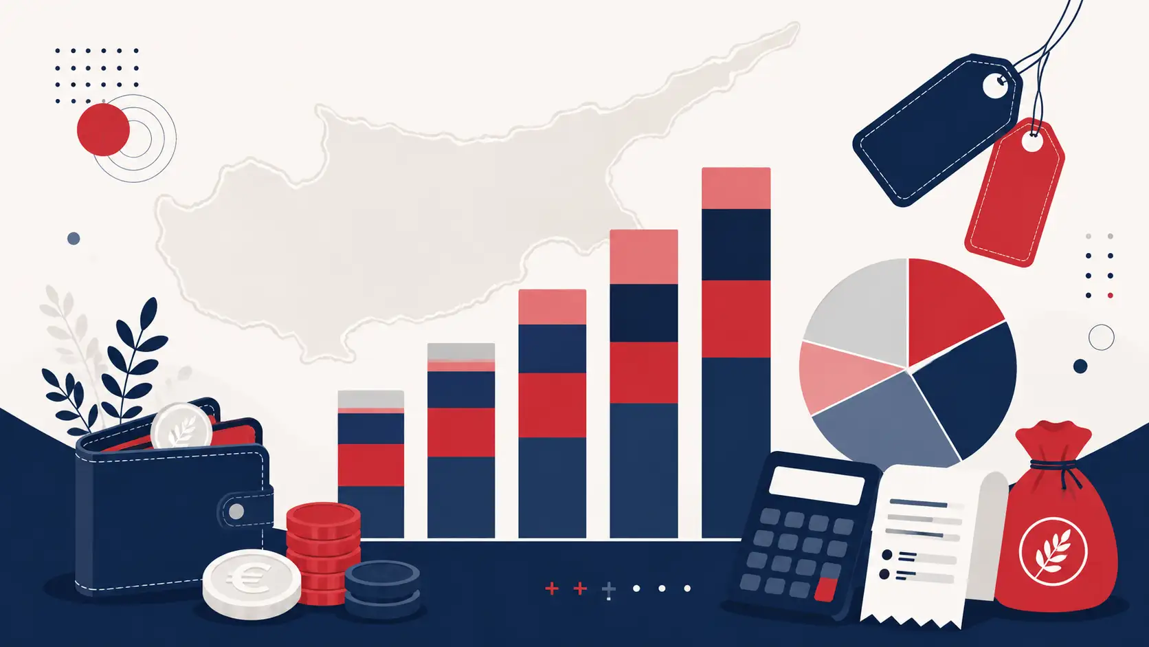 Illustration of a price breakdown chart for website development costs in Cyprus, showing ranges for business sites, e-commerce, and custom web apps.