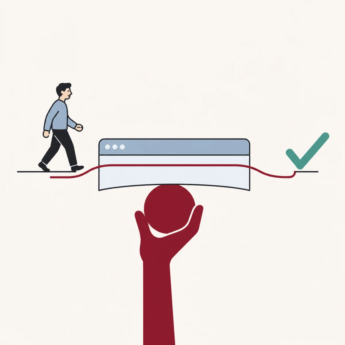A customer crosses a browser-shaped trial bridge supported by the business's investment, leading toward a successful outcome.