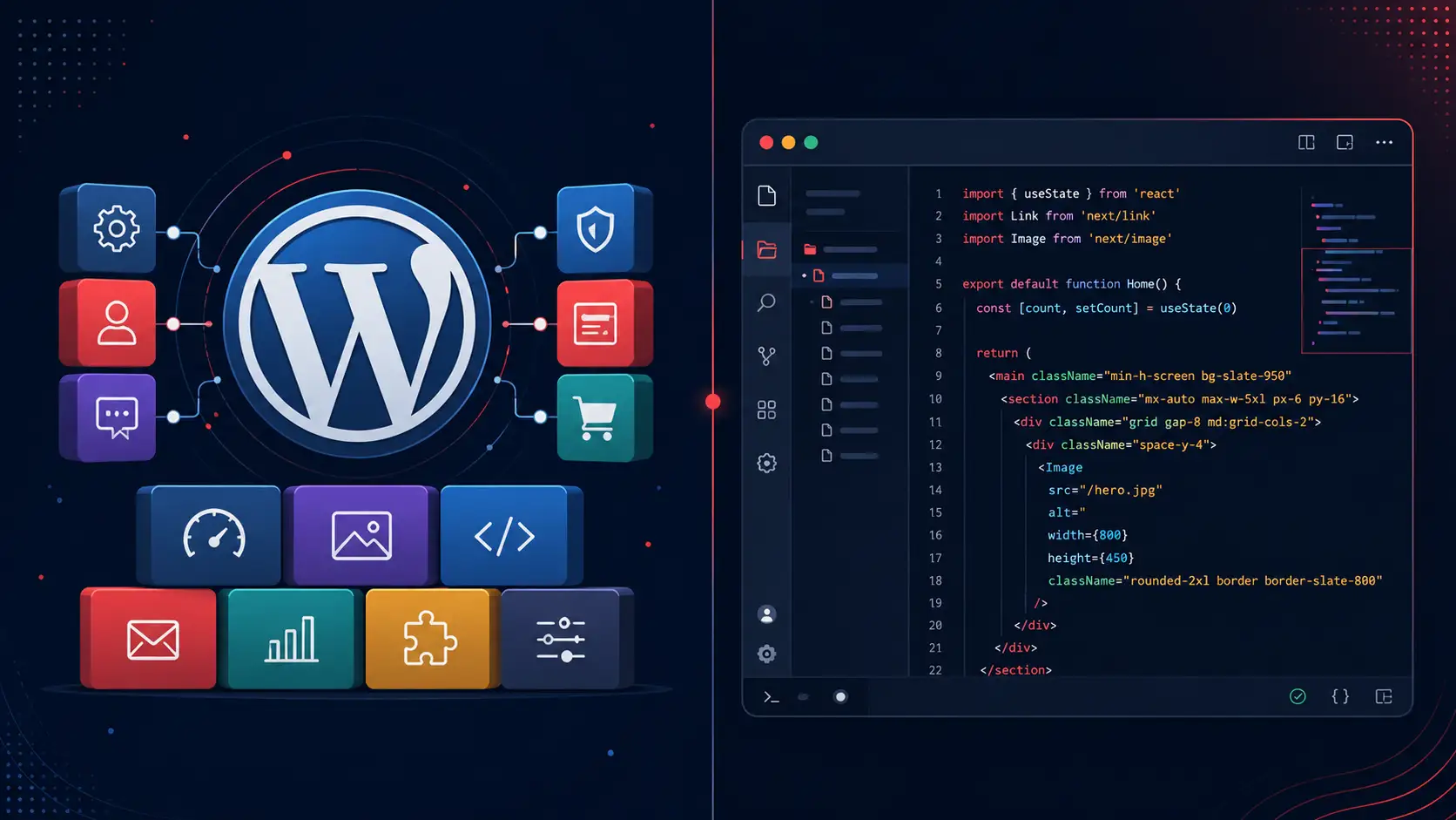 Split illustration comparing WordPress logo and a custom code editor, representing the choice between CMS-based and custom web development for businesses.