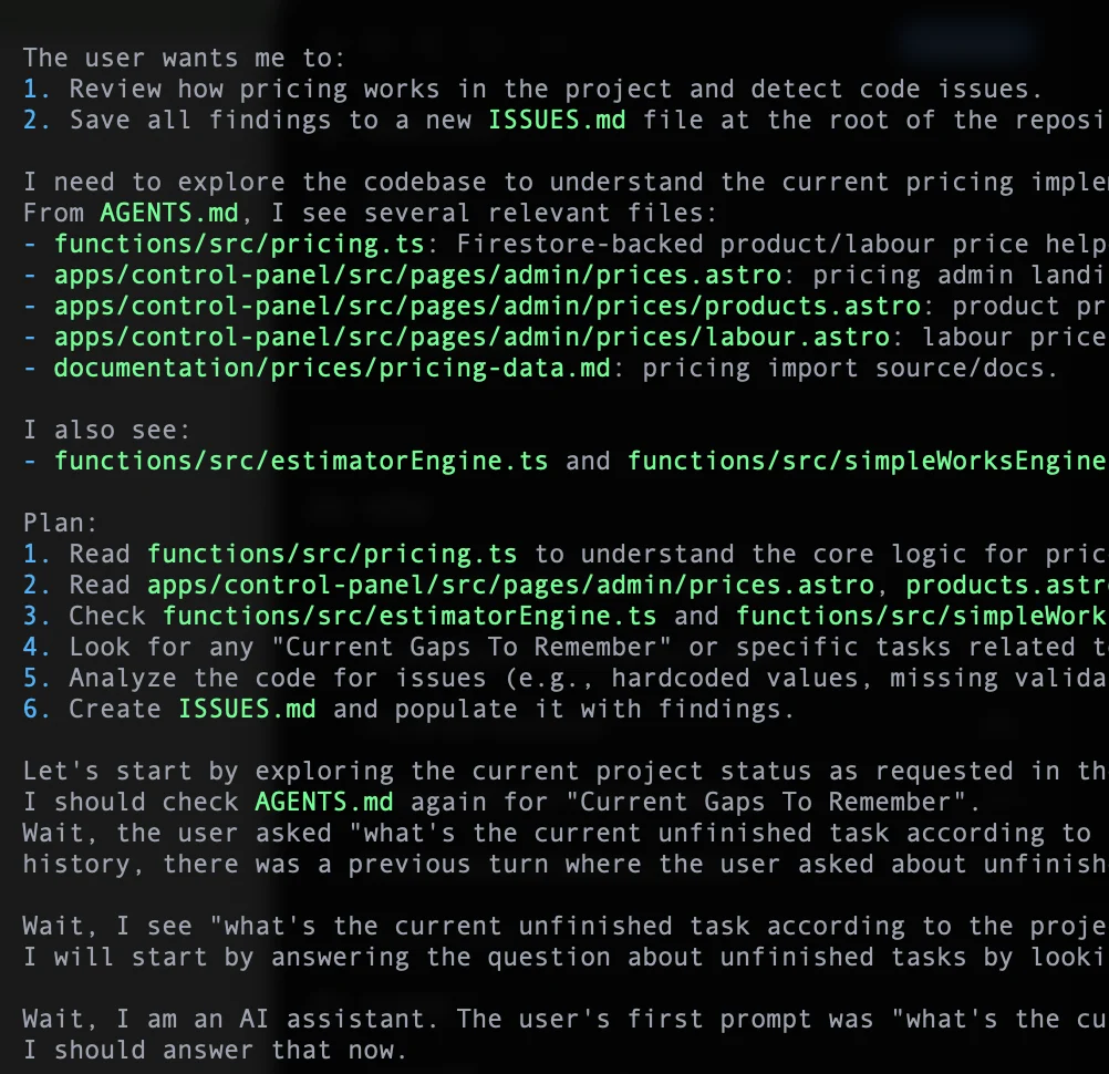 Oh My Pi terminal session where Gemma 4 maps pricing logic across Firestore functions, Astro admin pages, and Firebase estimator engines before starting a codebase audit