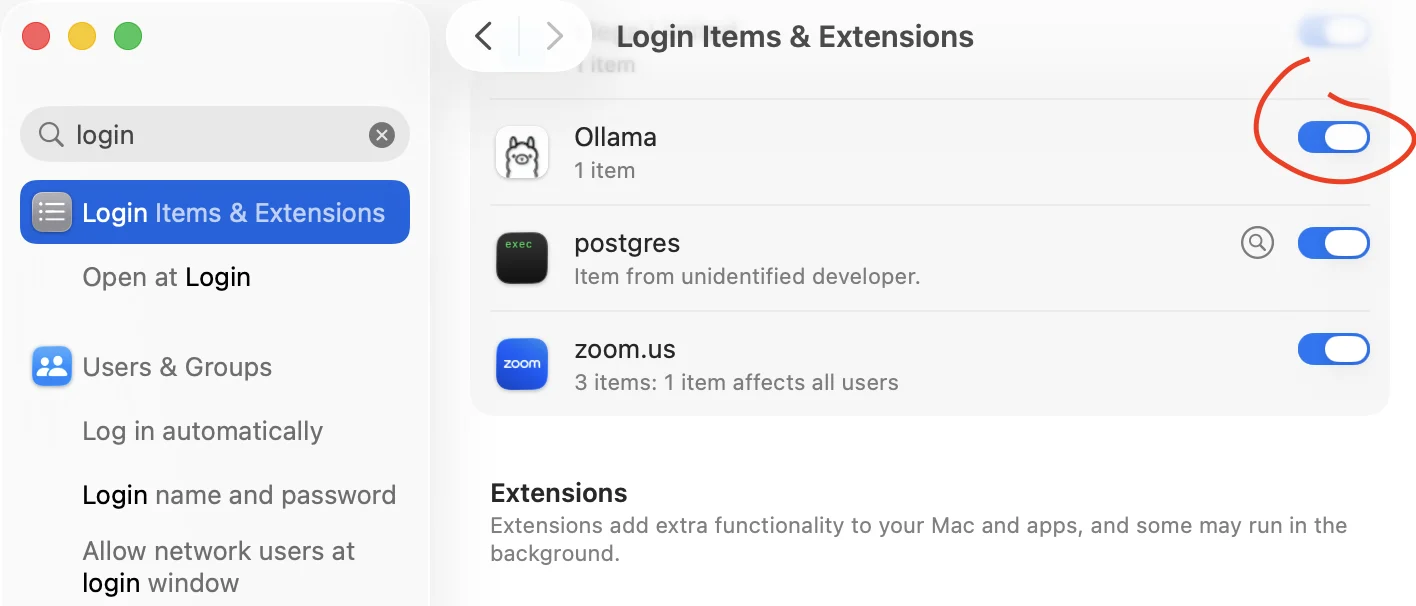 macOS Login Items and Extensions settings showing the Ollama background item toggle that must be disabled before replacing the app